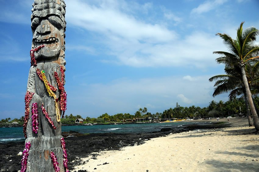 Tiki covered with leis