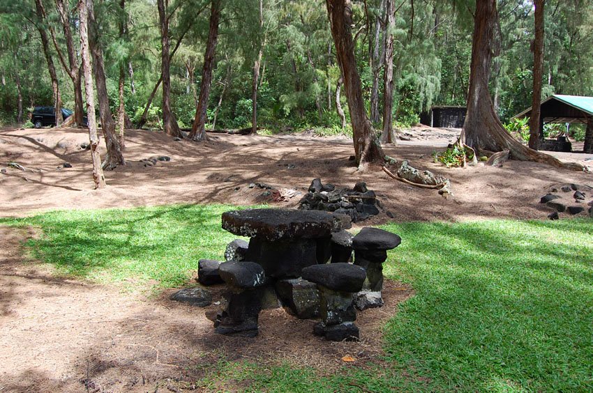 Picnic table made of lava rocks