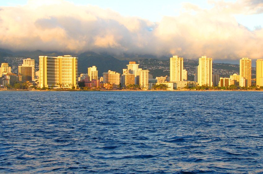 View to Waikiki Beach at sunset