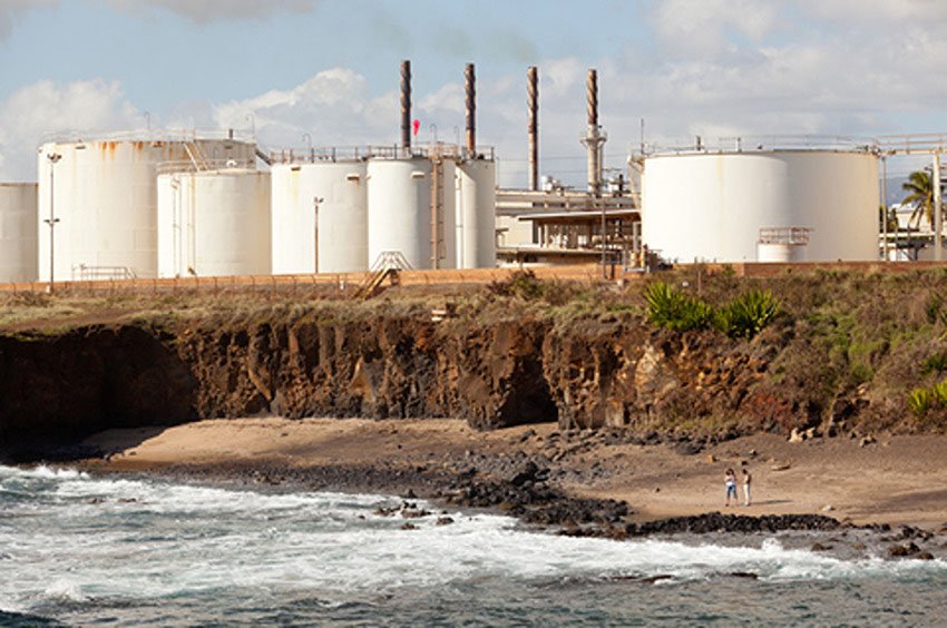 Glass Beach with refinery in background