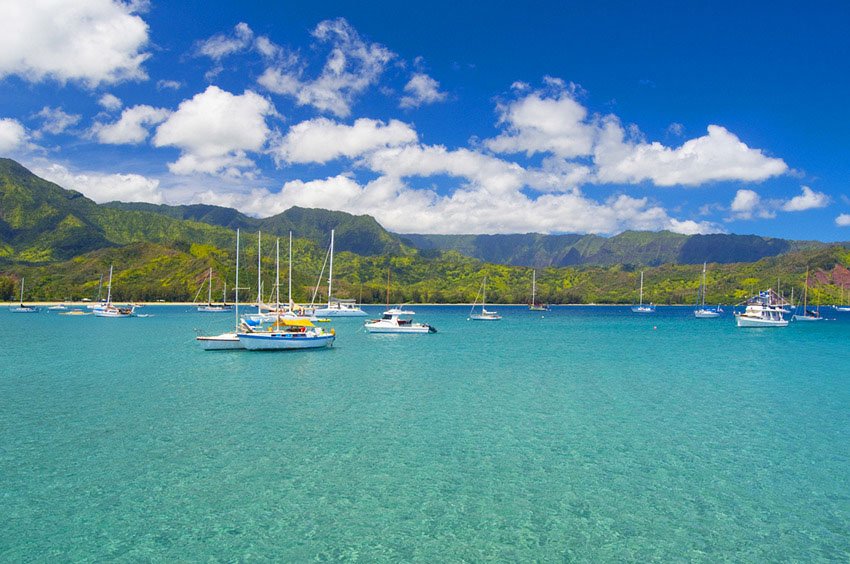 Sailboats anchored at Hanalei Bay