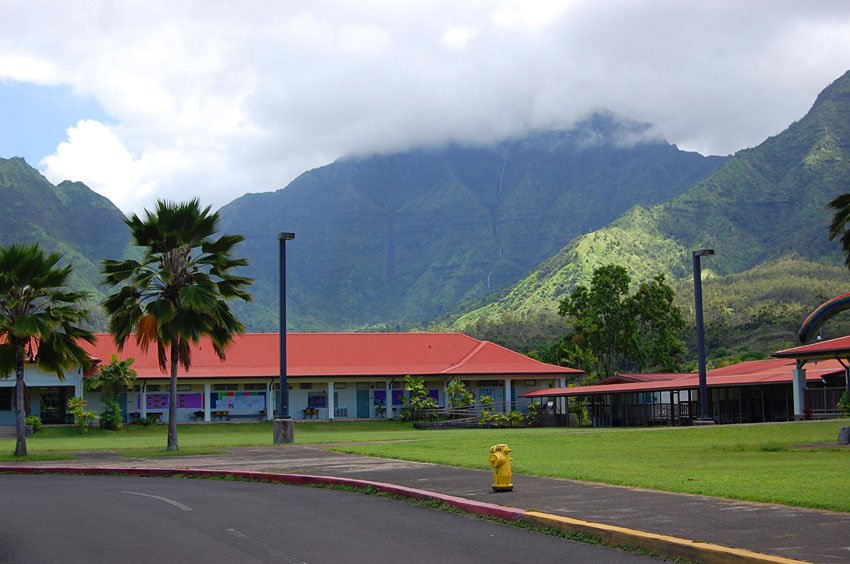 Waterfall cascading behind Hanalei School