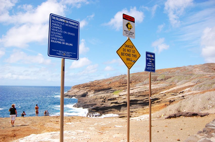 Warning signs along the shore