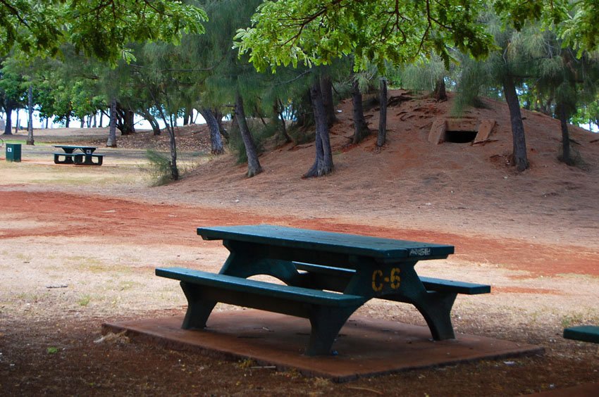 Picnic table near a bunker