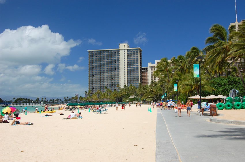 Wide stretch of Waikiki Beach